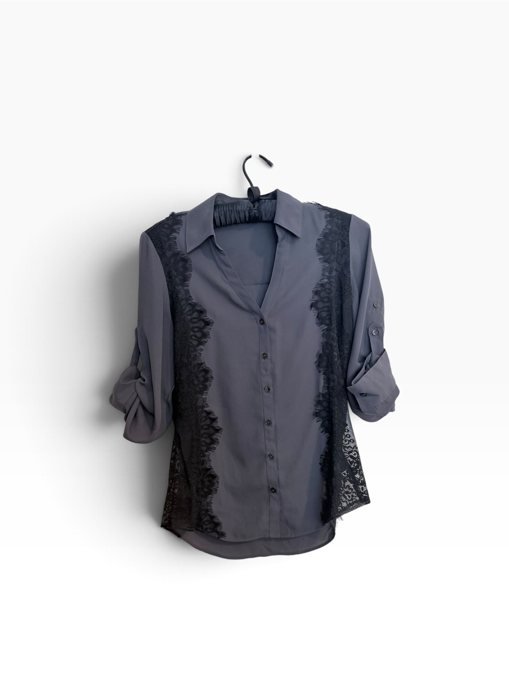 Express Portofino Charcoal Gray Button-Down Blouse with Black Lace Trim